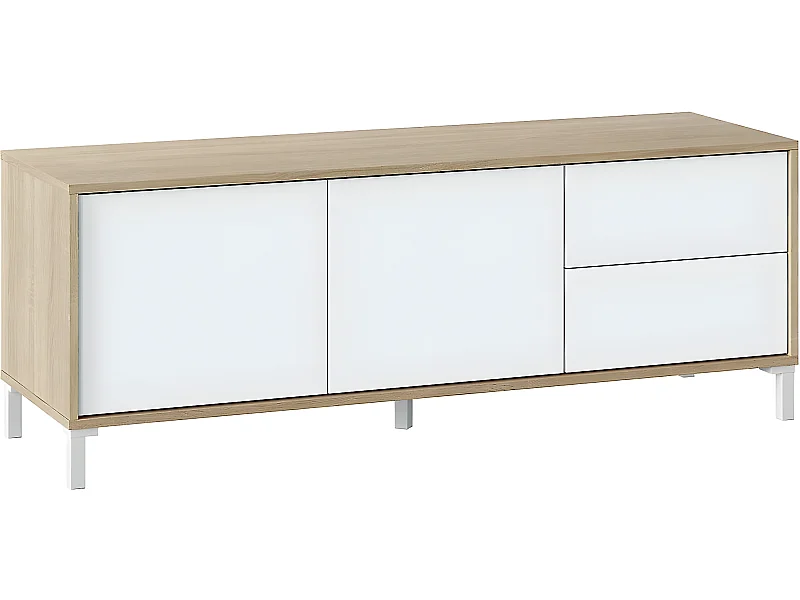 Meuble TV avec 2 portes et 2 tiroirs coloris chêne canadien / blanc artic - Longueur 47 x Hauteur 130 x Profondeur 41 cm