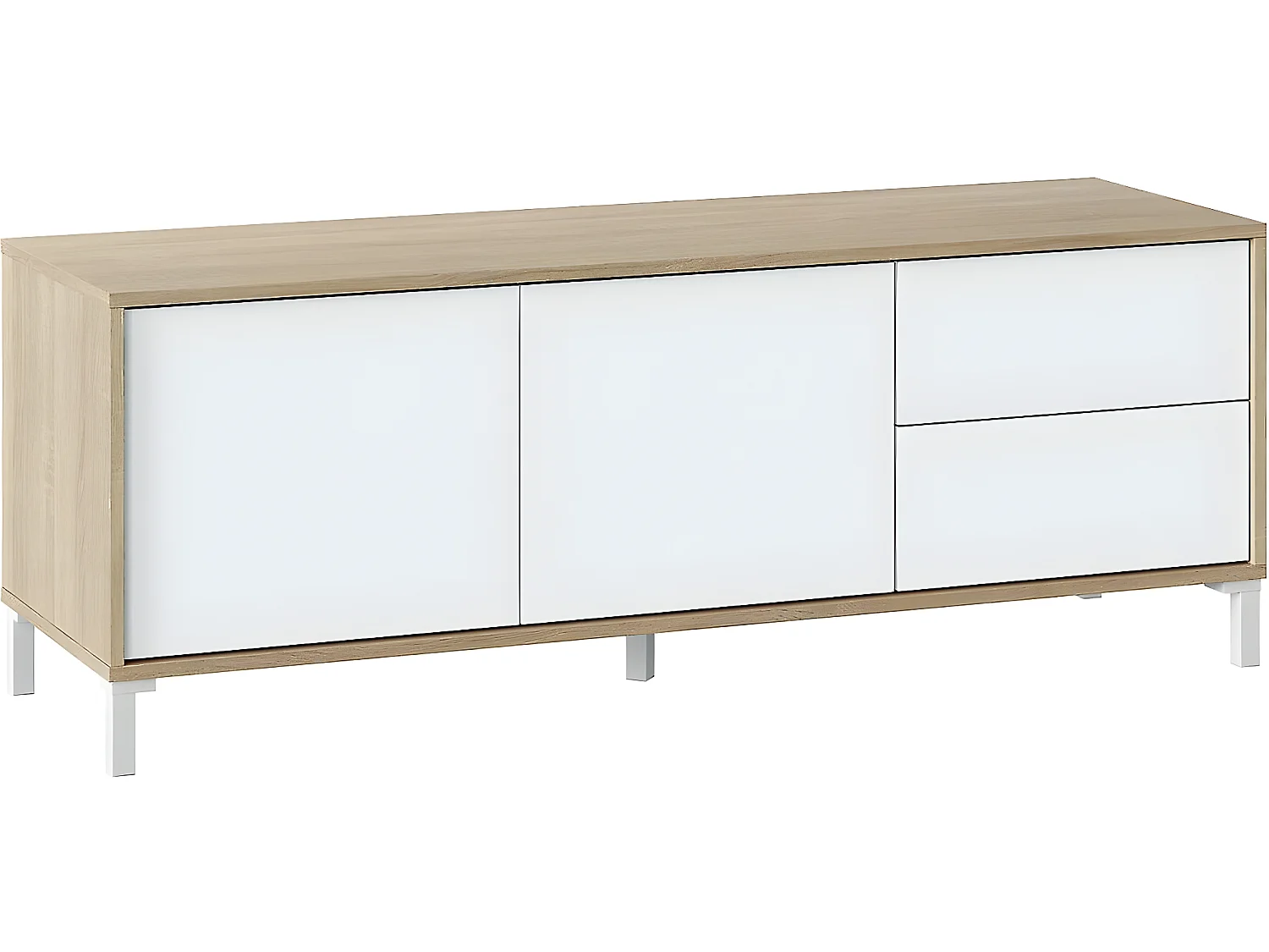 Meuble TV avec 2 portes et 2 tiroirs coloris chêne canadien / blanc artic - Longueur 47 x Hauteur 130 x Profondeur 41 cm