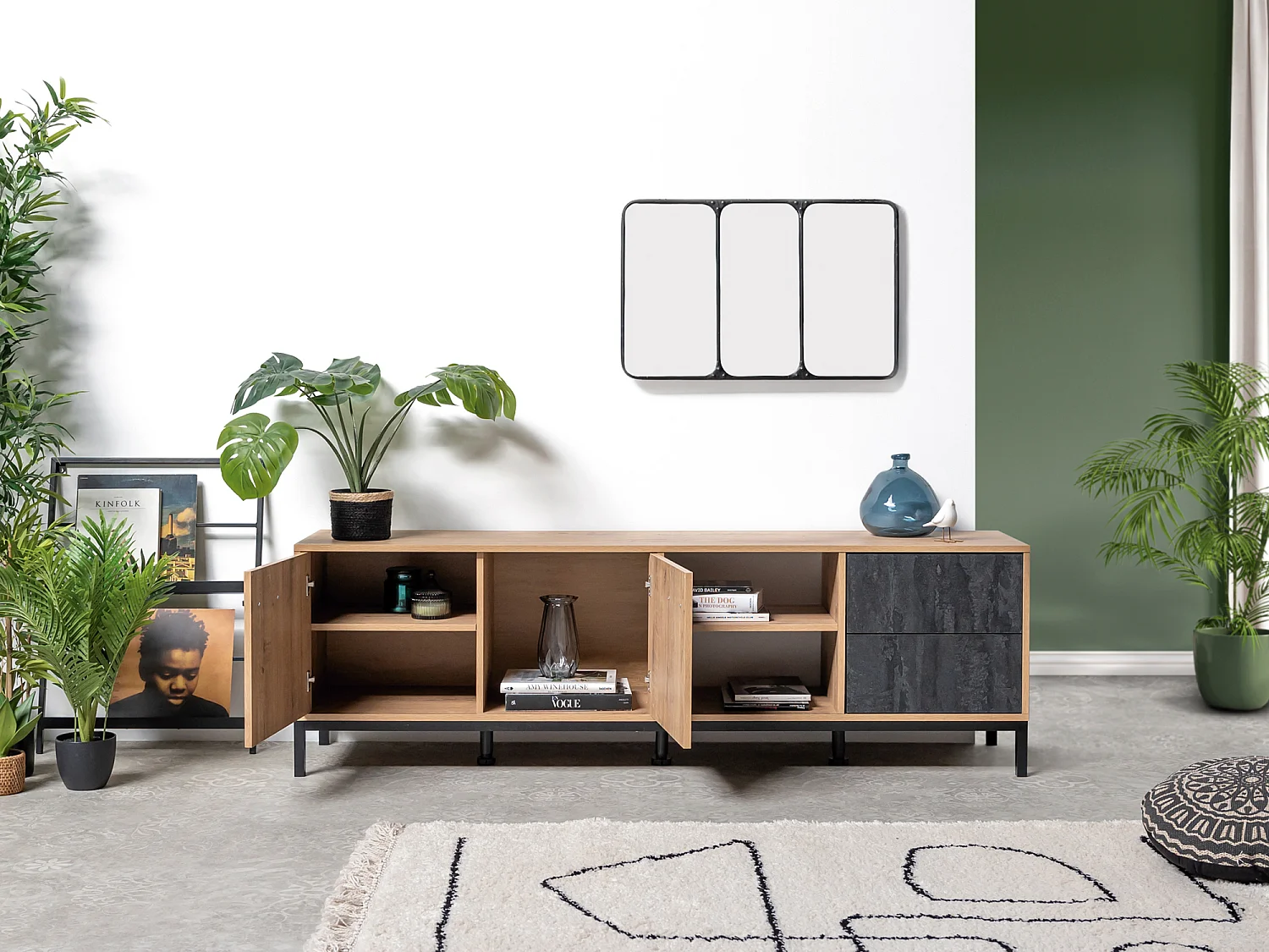 Meuble TV Buffet coloris chêne doré/effet marbre - Longueur 180 x Profondeur 40 x Hauteur 50 cm