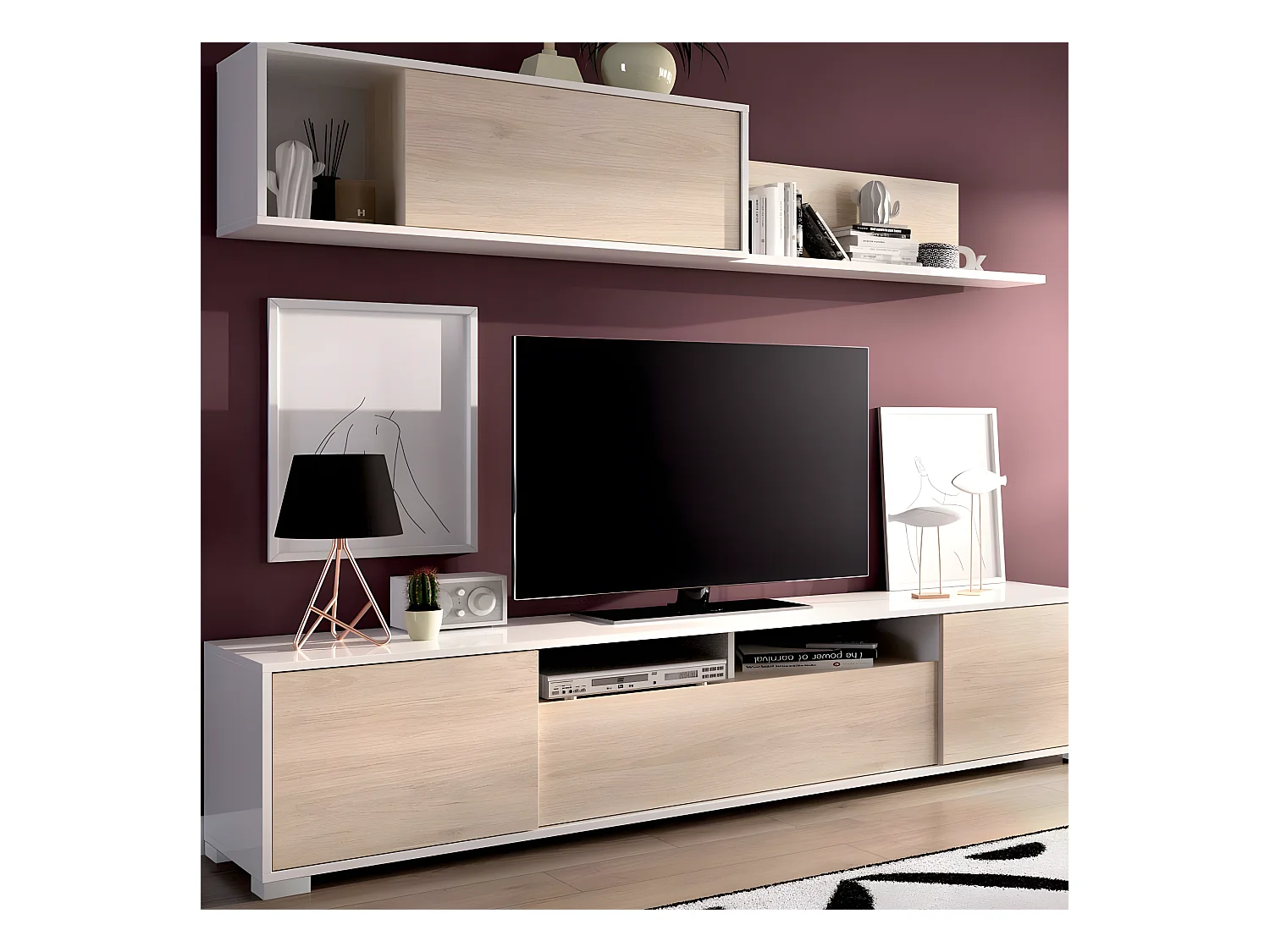 Ensemble séjour de 3 éléments coloris blanc brillant/naturel