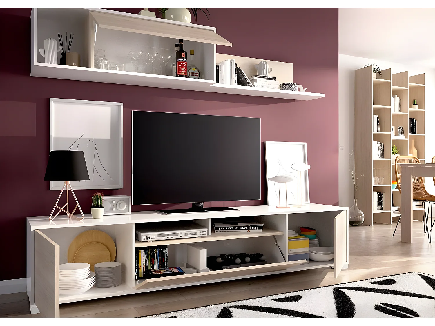 Ensemble séjour de 3 éléments coloris blanc brillant/naturel