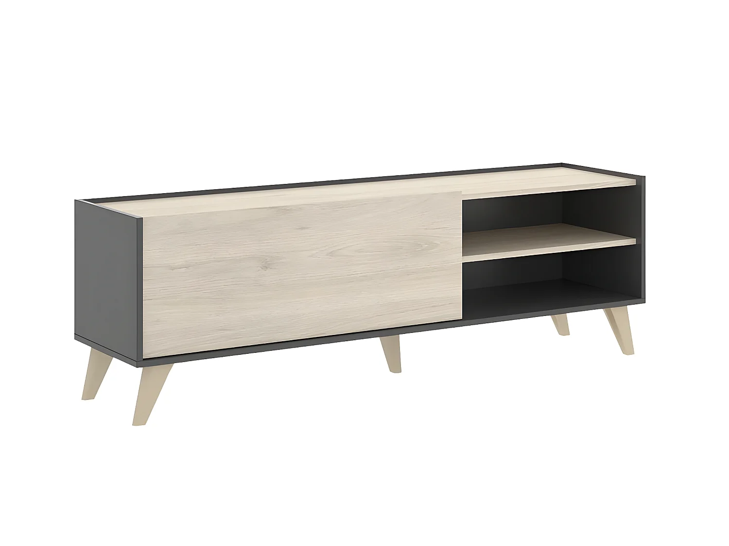 Meuble TV 1 porte coloris graphite/naturel - Longueur 155 x Hauteur 47 x Profondeur 43 cm