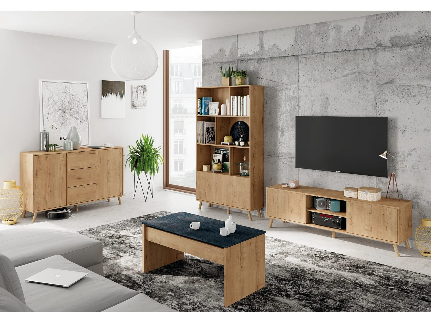 Meuble TV coloris chêne doré - Hauteur 50 x Longueur 160 x Profondeur 40 cm