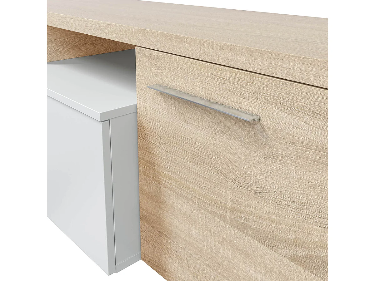 Séjour TV en panneaux de particules blanc brillant et chêne canadien - Dim : L200 x P41 x H44 cm