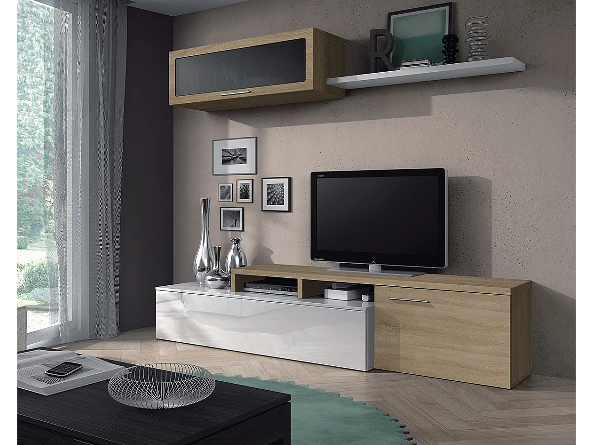Séjour TV en panneaux de particules blanc brillant et chêne canadien - Dim : L200 x P41 x H44 cm