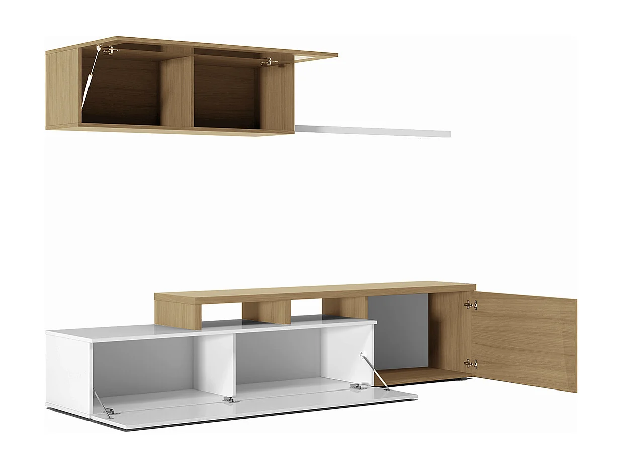 Séjour TV en panneaux de particules blanc brillant et chêne canadien - Dim : L200 x P41 x H44 cm