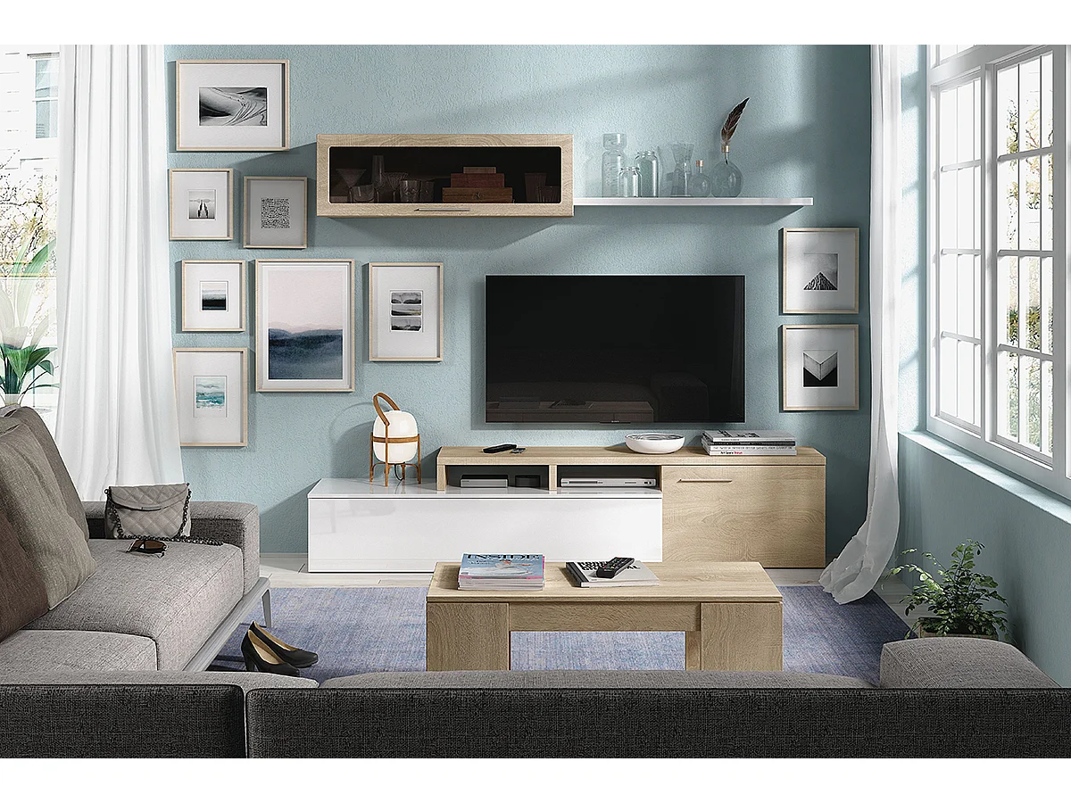 Séjour TV en panneaux de particules blanc brillant et chêne canadien - Dim : L200 x P41 x H44 cm