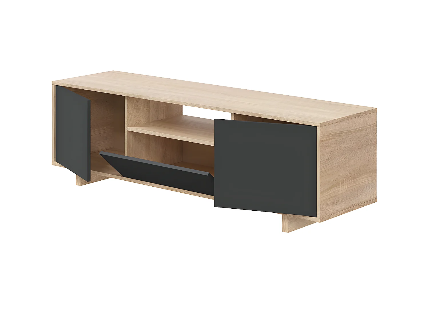 Meuble TV avec 3 portes coloris chêne canadien / gris anthracite - Hauteur 46 x Largeur 150 x Profondeur 41 cm