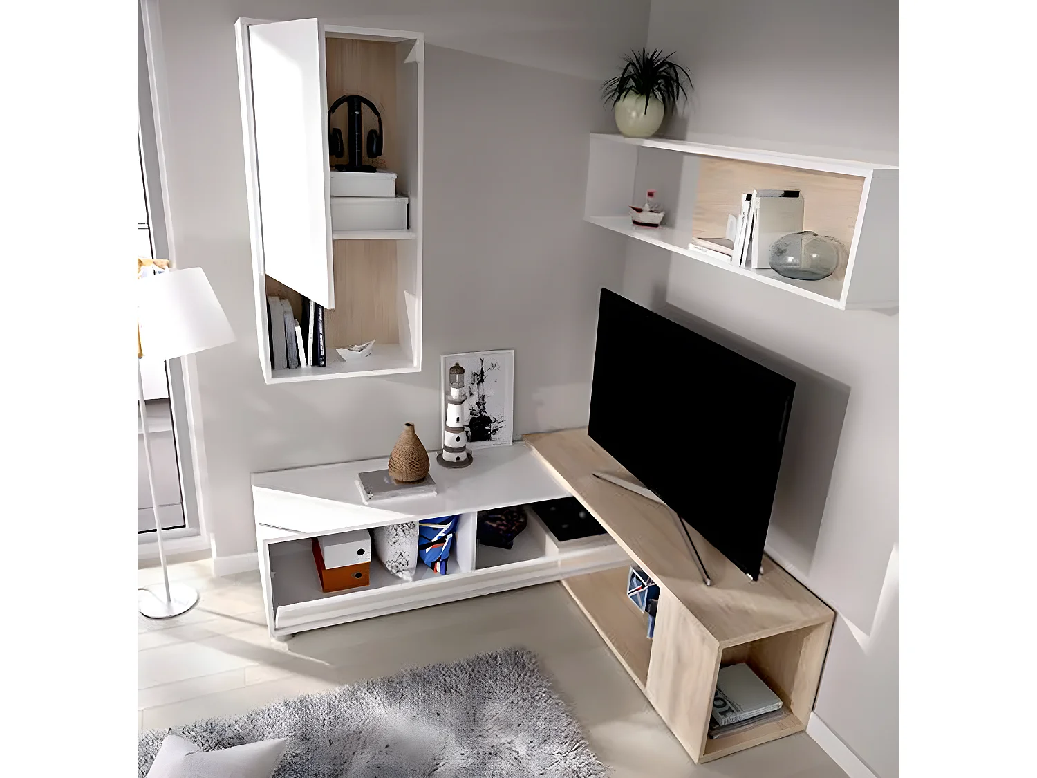 Ensemble séjour de 3 éléments coloris Blanc Brillant /naturel