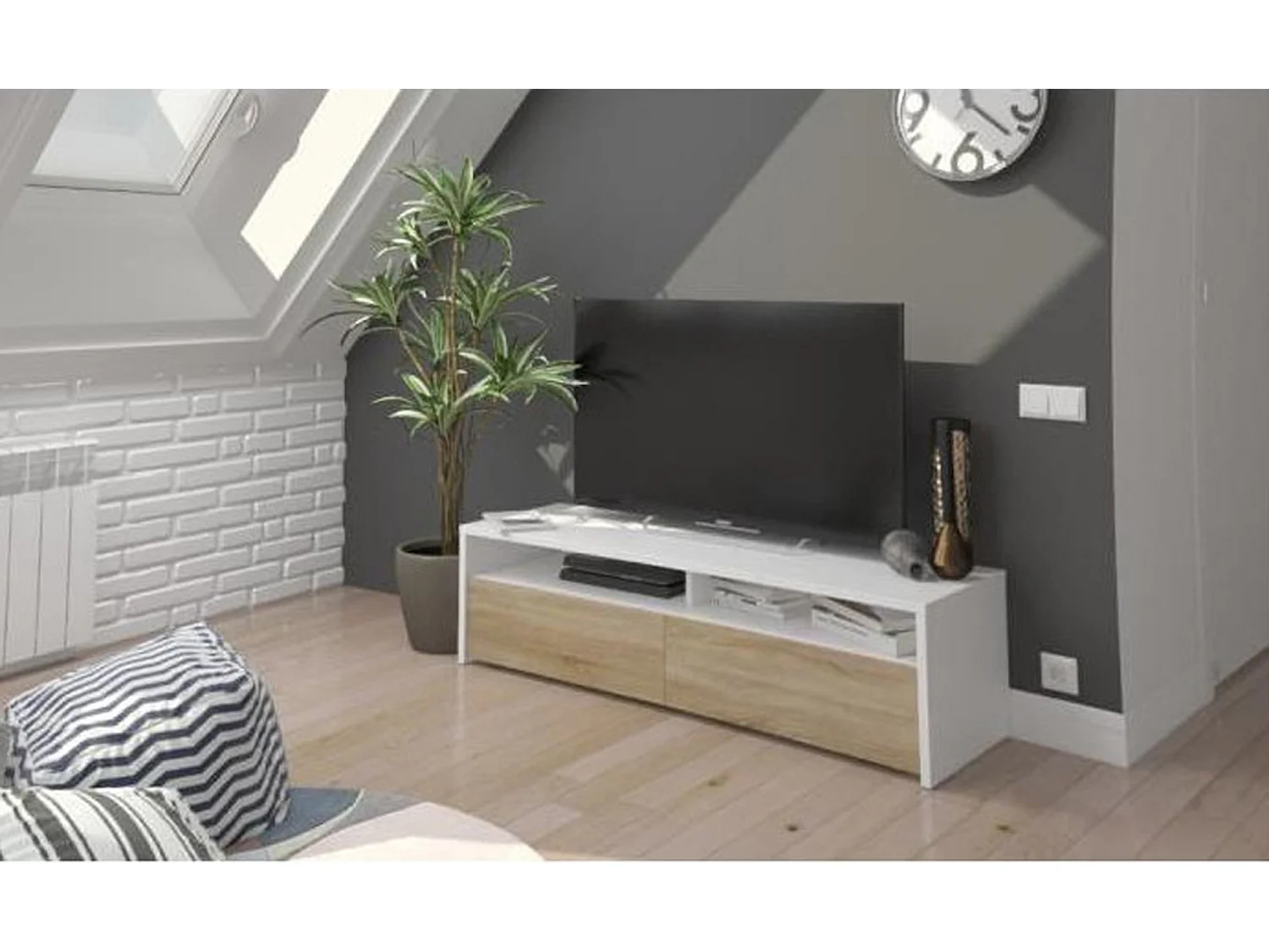 Meuble TV décor blanc et chêne - Dim : L 130 x P 42 x H 36 cm