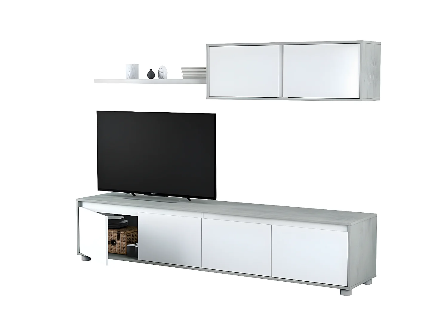 Meuble TV coloris Blanc Artik / Ciment en mélamine - Dim : 43 x 200 x 41 cm