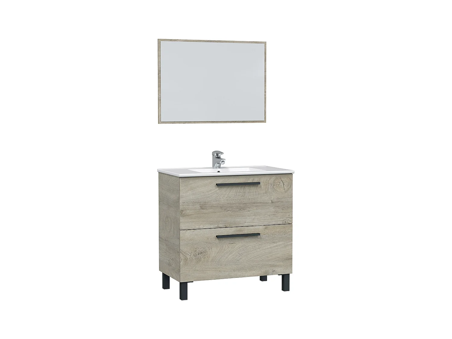 Meuble salle de bain sous vasque avec 2 Tiroirs + 1 Miroir coloris Alaska chêne - Longueur 80 x Profondeur 45 x Hauteur 86 cm