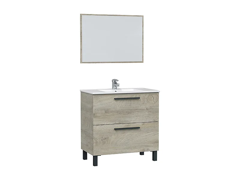 Meuble salle de bain sous vasque avec 2 Tiroirs + 1 Miroir coloris Alaska chêne - Longueur 80 x Profondeur 45 x Hauteur 86 cm
