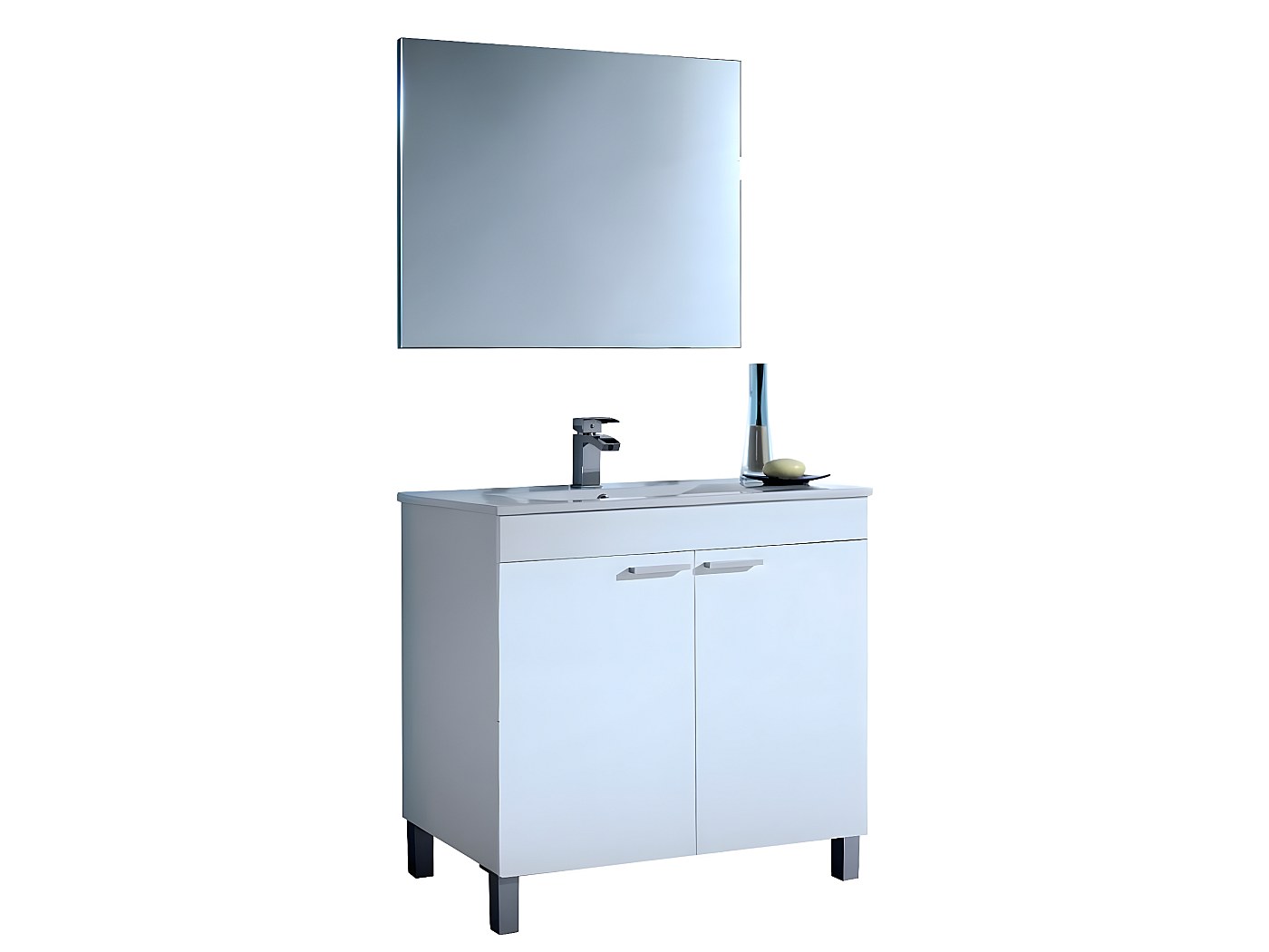 Meuble salle de bain Sous-Vasque 80 cm avec 2 Portes + Miroir - Hauteur