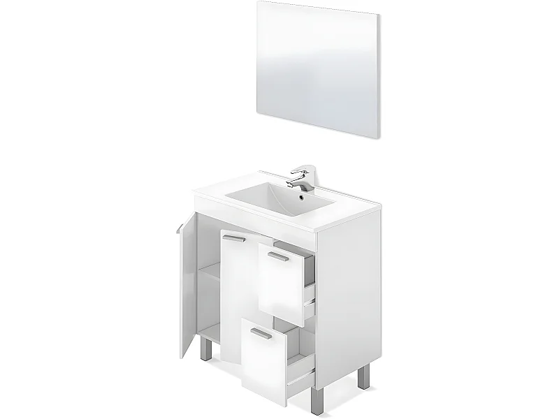 Meuble salle de bain Sous-Vasque + 1 Miroir, coloris blanc brillant - Longueur 80 x Hauteur 80 x Profondeur 45 cm