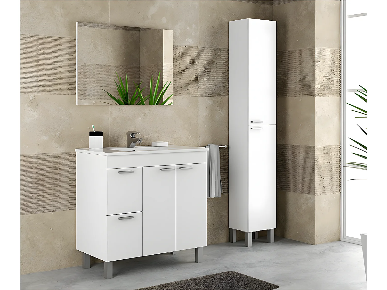 Meuble salle de bain Sous-Vasque + 1 Miroir, coloris blanc brillant - Longueur 80 x Hauteur 80 x Profondeur 45 cm