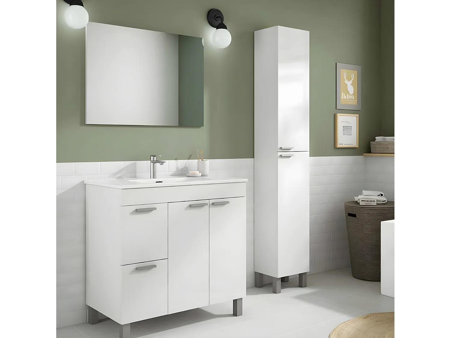 Meuble salle de bain Sous-Vasque + 1 Miroir, coloris blanc brillant - Longueur 80 x Hauteur 80 x Profondeur 45 cm