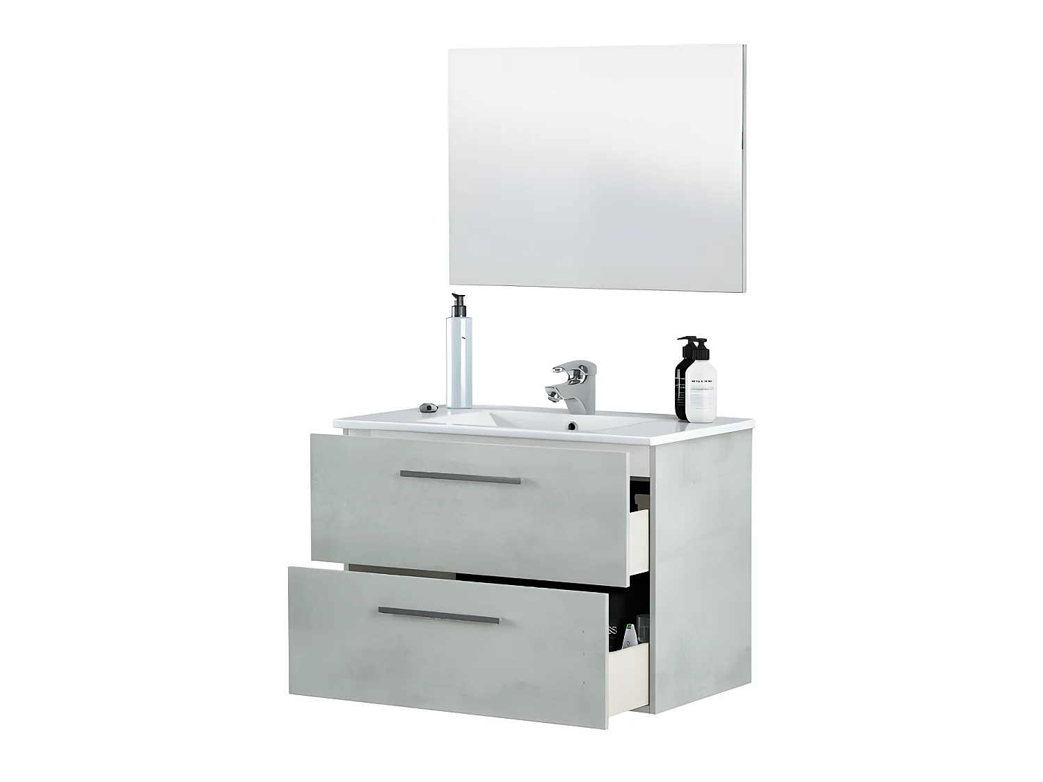 Meuble sous vasque de salle de bain Suspendu 80 cm + miroir coloris béton - Hauteur 57 x Longueur 80 x Profondeur 45 cm