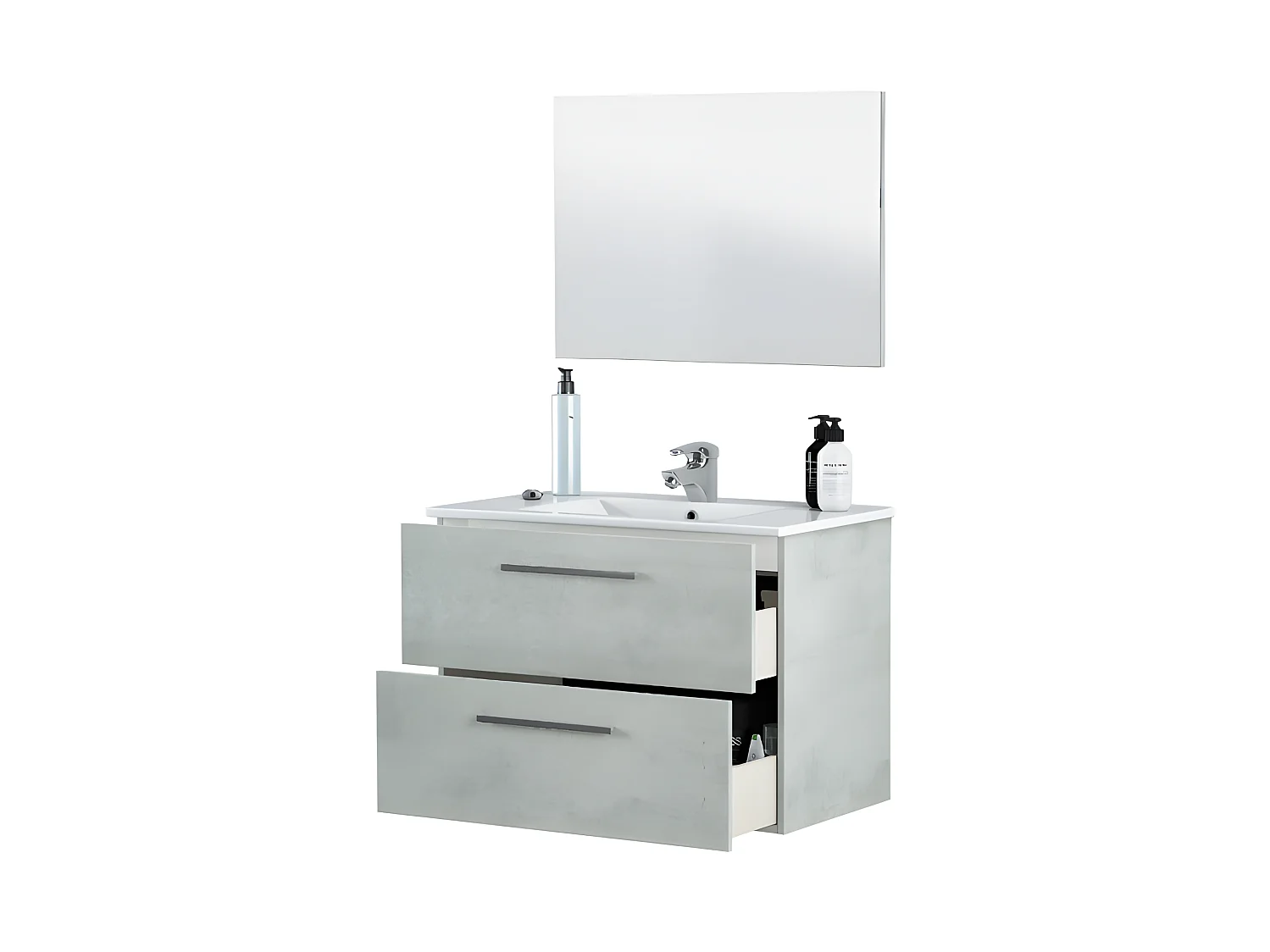 Meuble sous vasque de salle de bain Suspendu 80 cm + miroir coloris béton - Hauteur 57 x Longueur 80 x Profondeur 45 cm