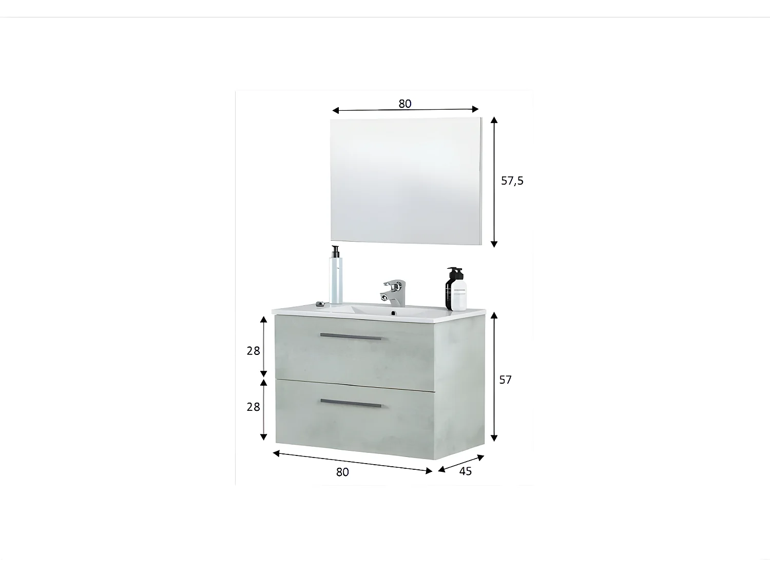 Meuble sous vasque de salle de bain Suspendu 80 cm + miroir coloris béton - Hauteur 57 x Longueur 80 x Profondeur 45 cm