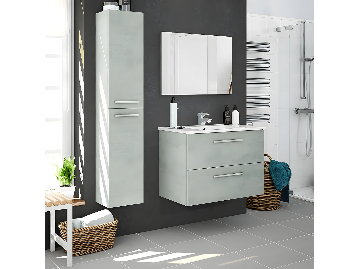 Meuble sous vasque de salle de bain Suspendu 80 cm + miroir coloris béton - Hauteur 57 x Longueur 80 x Profondeur 45 cm