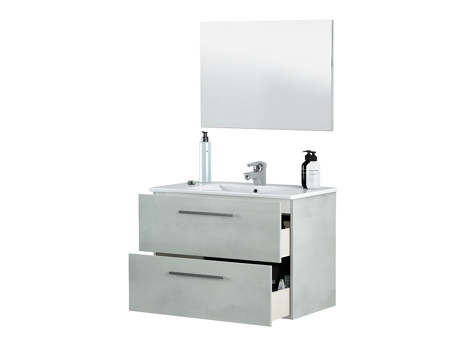 Meuble sous vasque de salle de bain Suspendu 80 cm + miroir coloris béton - Hauteur 57 x Longueur 80 x Profondeur 45 cm