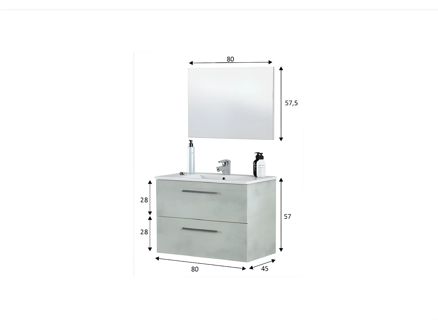 Meuble sous vasque de salle de bain Suspendu 80 cm + miroir coloris béton - Hauteur 57 x Longueur 80 x Profondeur 45 cm