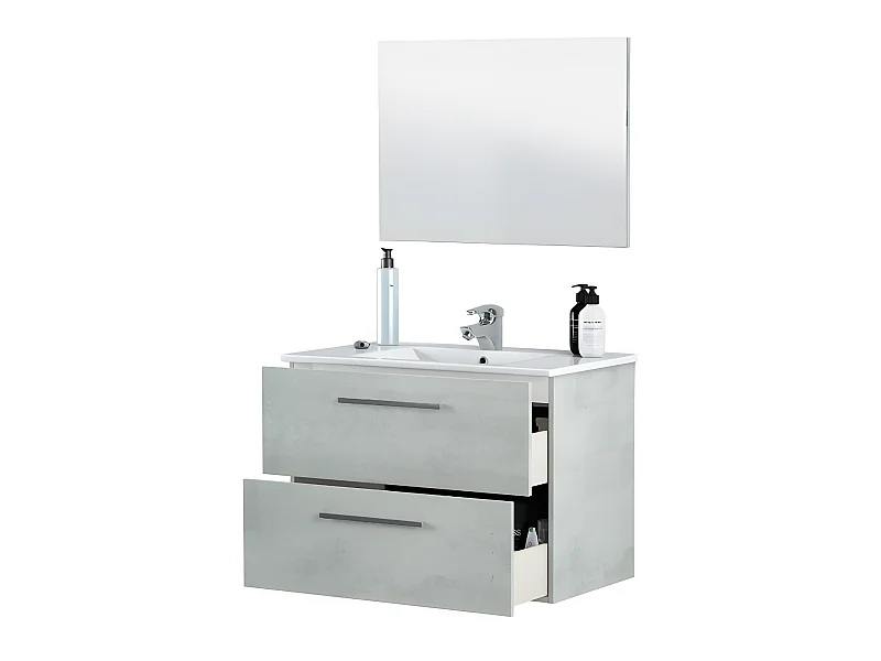 Meuble sous vasque de salle de bain Suspendu 80 cm + miroir coloris béton - Hauteur 57 x Longueur 80 x Profondeur 45 cm