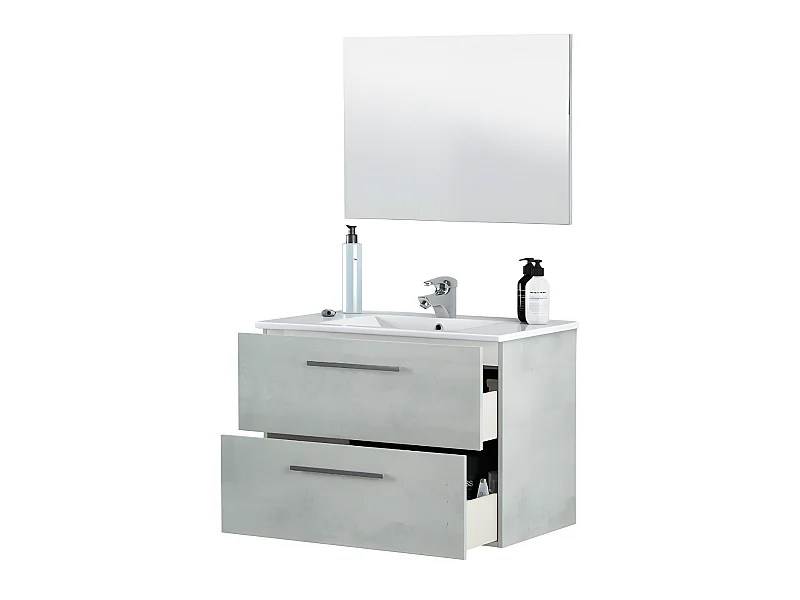 Meuble sous vasque de salle de bain Suspendu 80 cm + miroir coloris béton - Hauteur 57 x Longueur 80 x Profondeur 45 cm