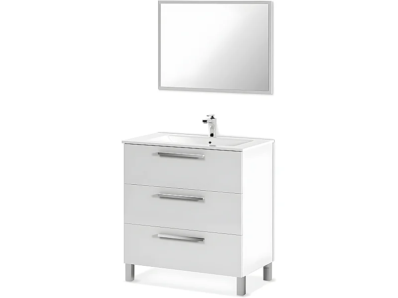 Meuble salle de bain sous vasque avec 3 Tiroirs + 1 Miroir - Longueur 80 x Profondeur 45 x Hauteur 86 cm