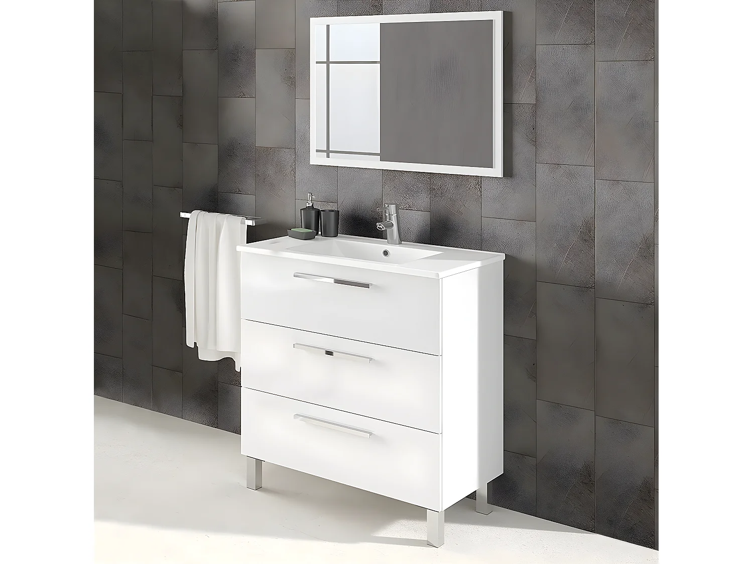 Meuble salle de bain sous vasque avec 3 Tiroirs + 1 Miroir - Longueur 80 x Profondeur 45 x Hauteur 86 cm