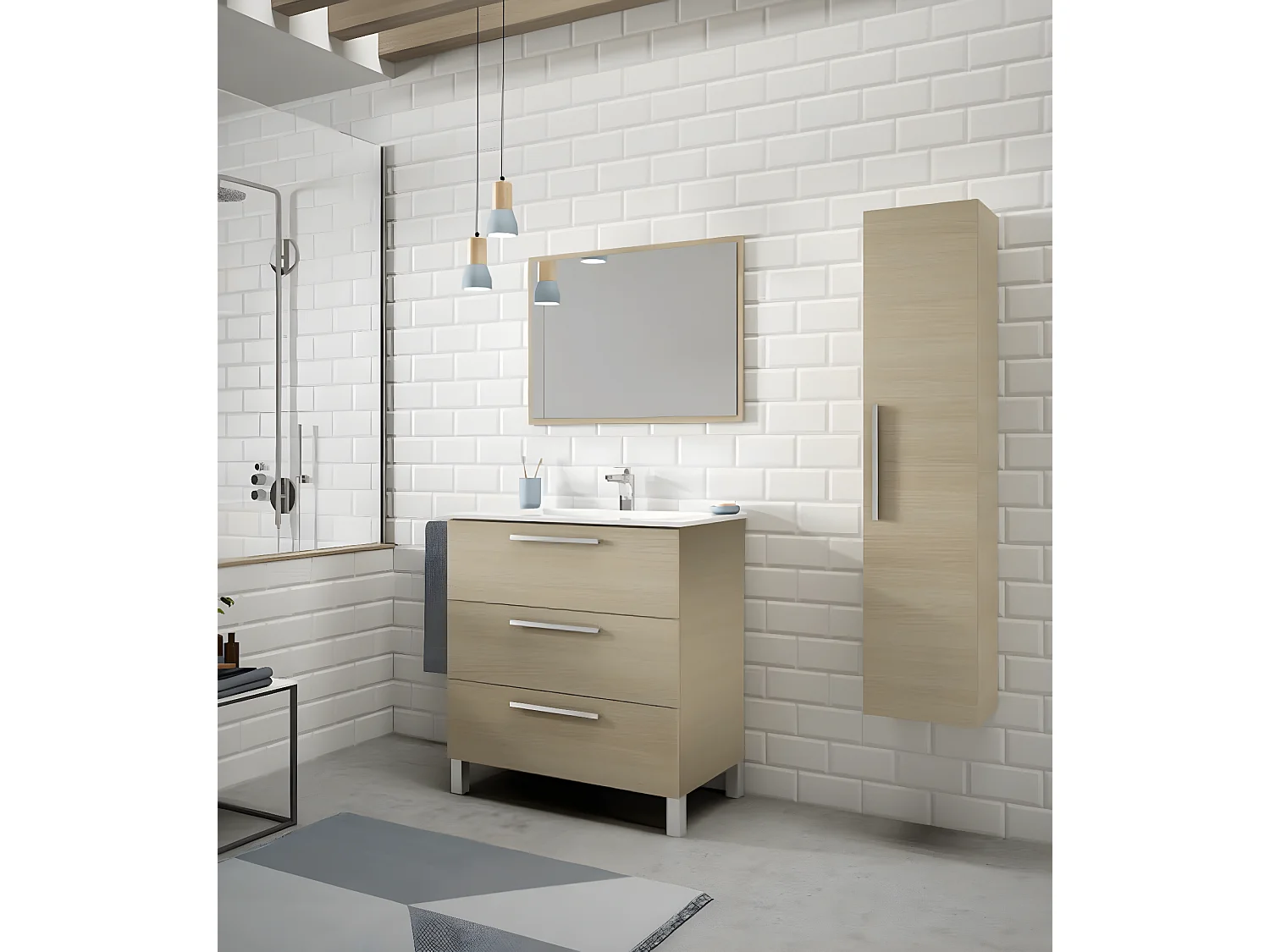Meuble salle de bain sous vasque salle de bain avec 3 Tiroirs + 1 Miroir chêne clair - Longueur 80 x Profondeur 45 x Hauteur 86 cm