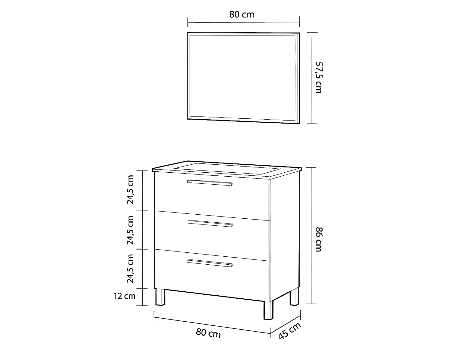 Meuble salle de bain sous vasque salle de bain avec 3 Tiroirs + 1 Miroir chêne clair - Longueur 80 x Profondeur 45 x Hauteur 86 cm