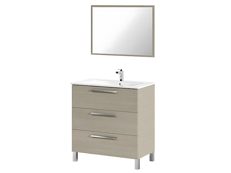 Meuble salle de bain sous vasque salle de bain avec 3 Tiroirs + 1 Miroir chêne clair - Longueur 80 x Profondeur 45 x Hauteur 86 cm