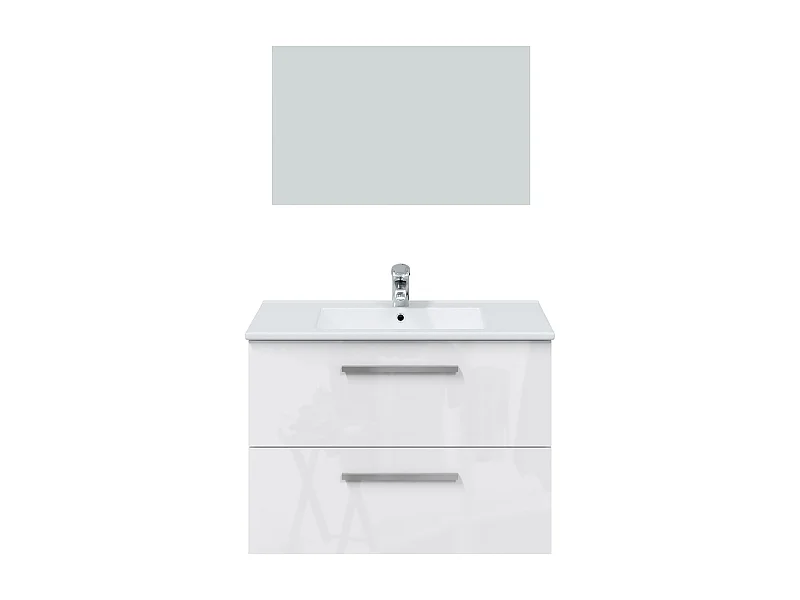 Meuble sous vasque de salle de bain Suspendu 80 cm avec 2 tiroirs + Miroir - Hauteur 57 x Longueur 80 x Profondeur 45 cm