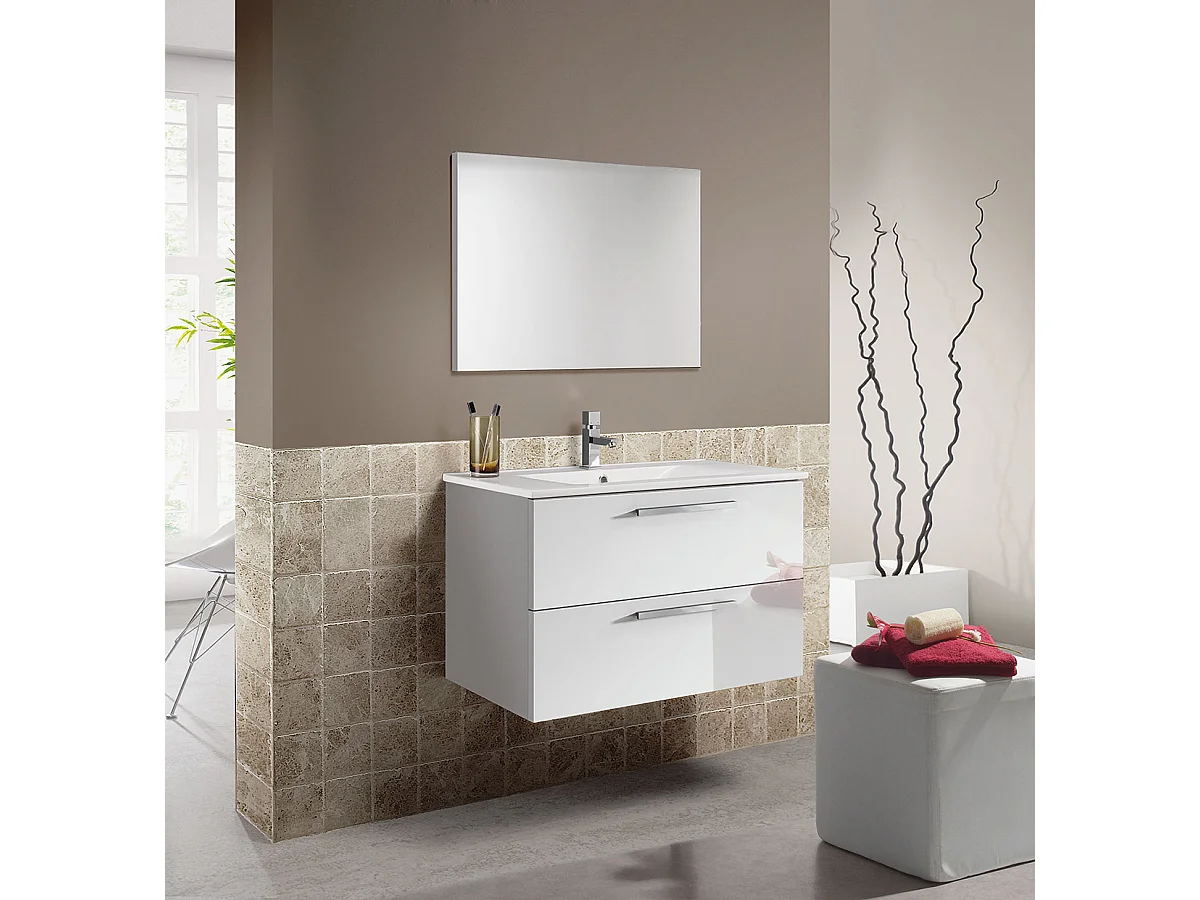Meuble sous vasque de salle de bain Suspendu 80 cm avec 2 tiroirs + Miroir - Hauteur 57 x Longueur 80 x Profondeur 45 cm