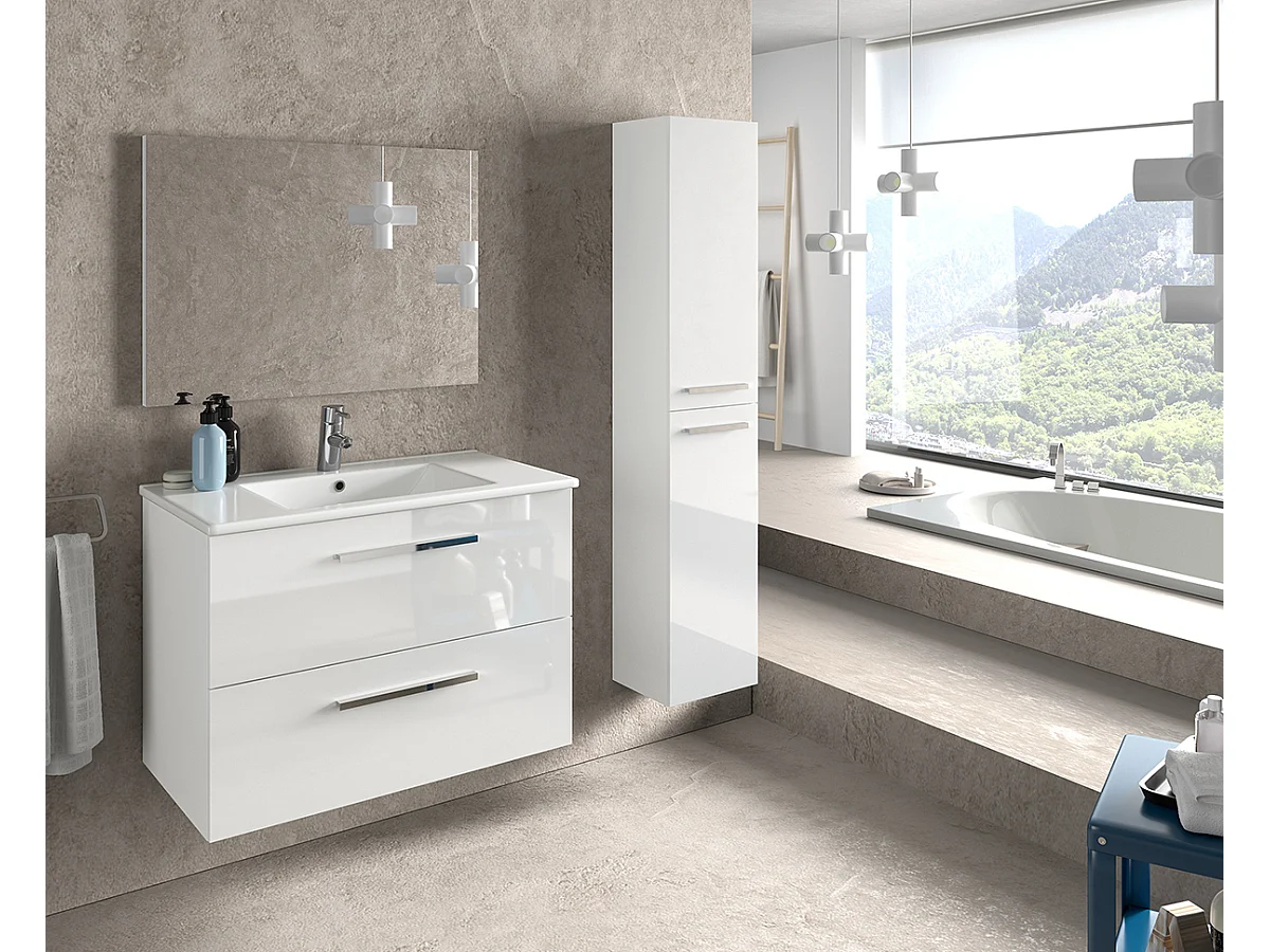 Meuble sous vasque de salle de bain Suspendu 80 cm avec 2 tiroirs + Miroir - Hauteur 57 x Longueur 80 x Profondeur 45 cm