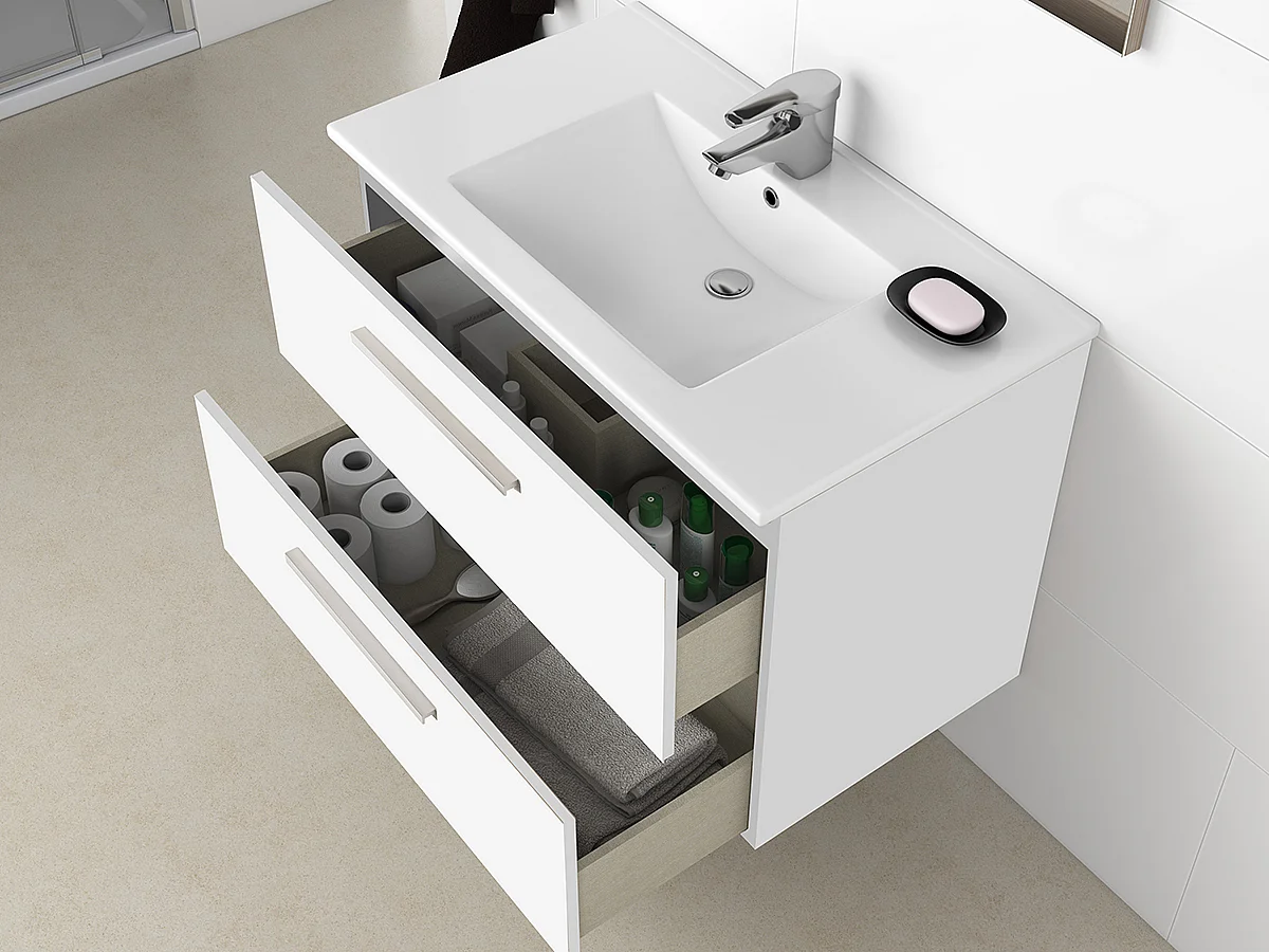 Meuble sous vasque de salle de bain Suspendu 80 cm avec 2 tiroirs + Miroir - Hauteur 57 x Longueur 80 x Profondeur 45 cm