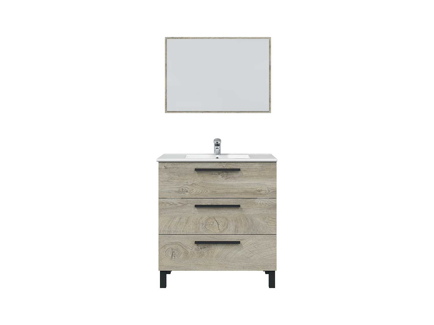 Meuble salle de bain sous vasque avec 3 Tiroirs + 1 Miroir coloris Alaska chêne - Longueur 80 x Profondeur 45 x Hauteur 86 cm