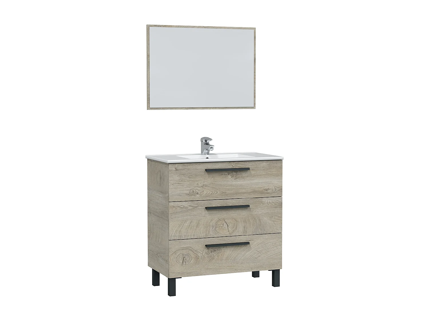 Meuble salle de bain sous vasque avec 3 Tiroirs + 1 Miroir coloris Alaska chêne - Longueur 80 x Profondeur 45 x Hauteur 86 cm