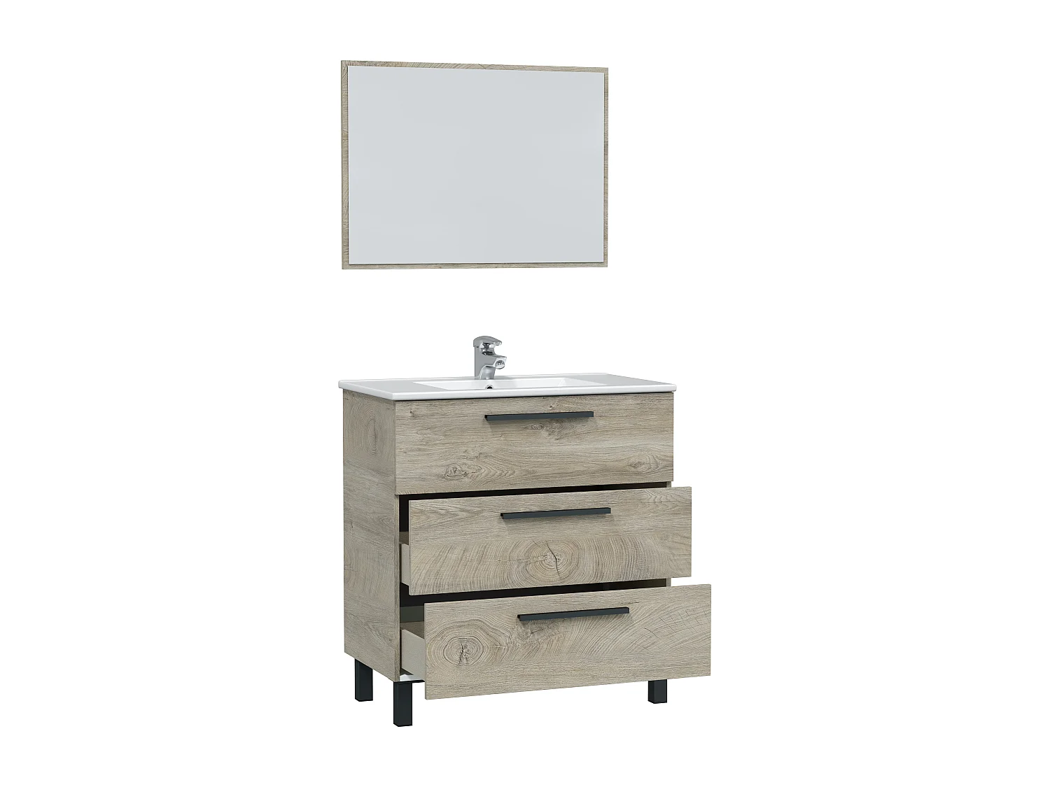 Meuble salle de bain sous vasque avec 3 Tiroirs + 1 Miroir coloris Alaska chêne - Longueur 80 x Profondeur 45 x Hauteur 86 cm