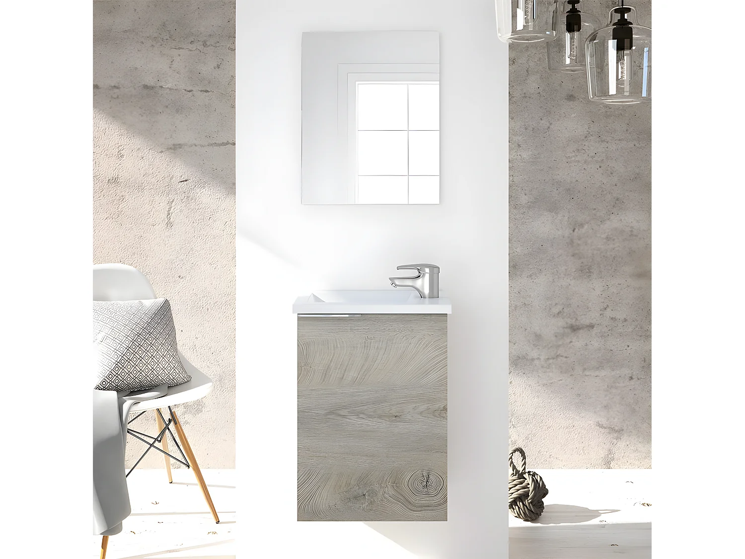 Meuble salle de bain Suspendu + Miroir coloris Alaska chêne à nœuds - Hauteur 58 x Longueur 40 x Profondeur 22 cm