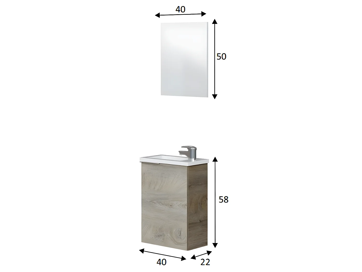 Meuble salle de bain Suspendu + Miroir coloris Alaska chêne à nœuds - Hauteur 58 x Longueur 40 x Profondeur 22 cm