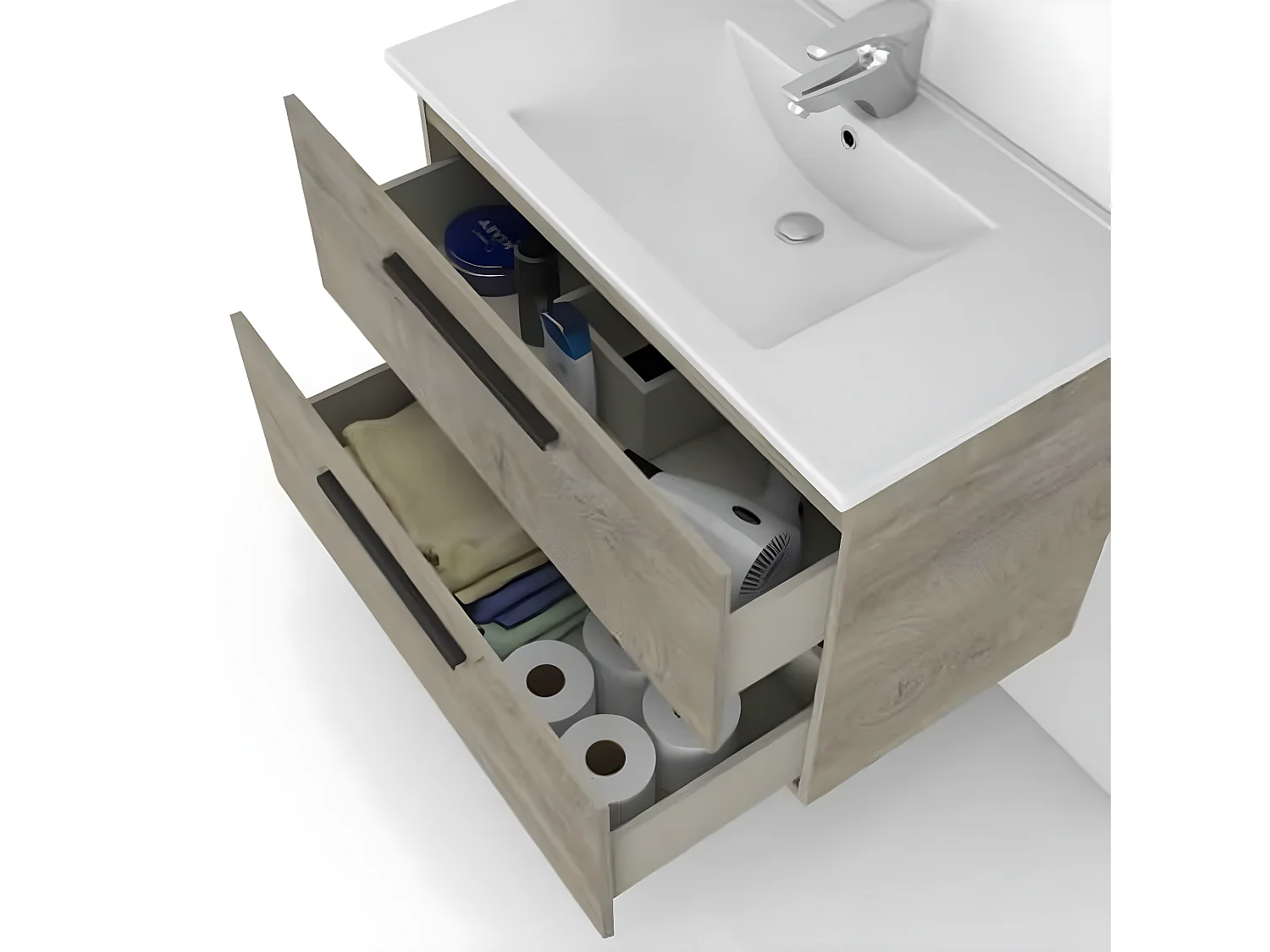 Meuble sous vasque de salle de bain Suspendu 60 cm avec 2 tiroirs + Miroir - Hauteur 57 x Longueur 60 x Profondeur 45 cm