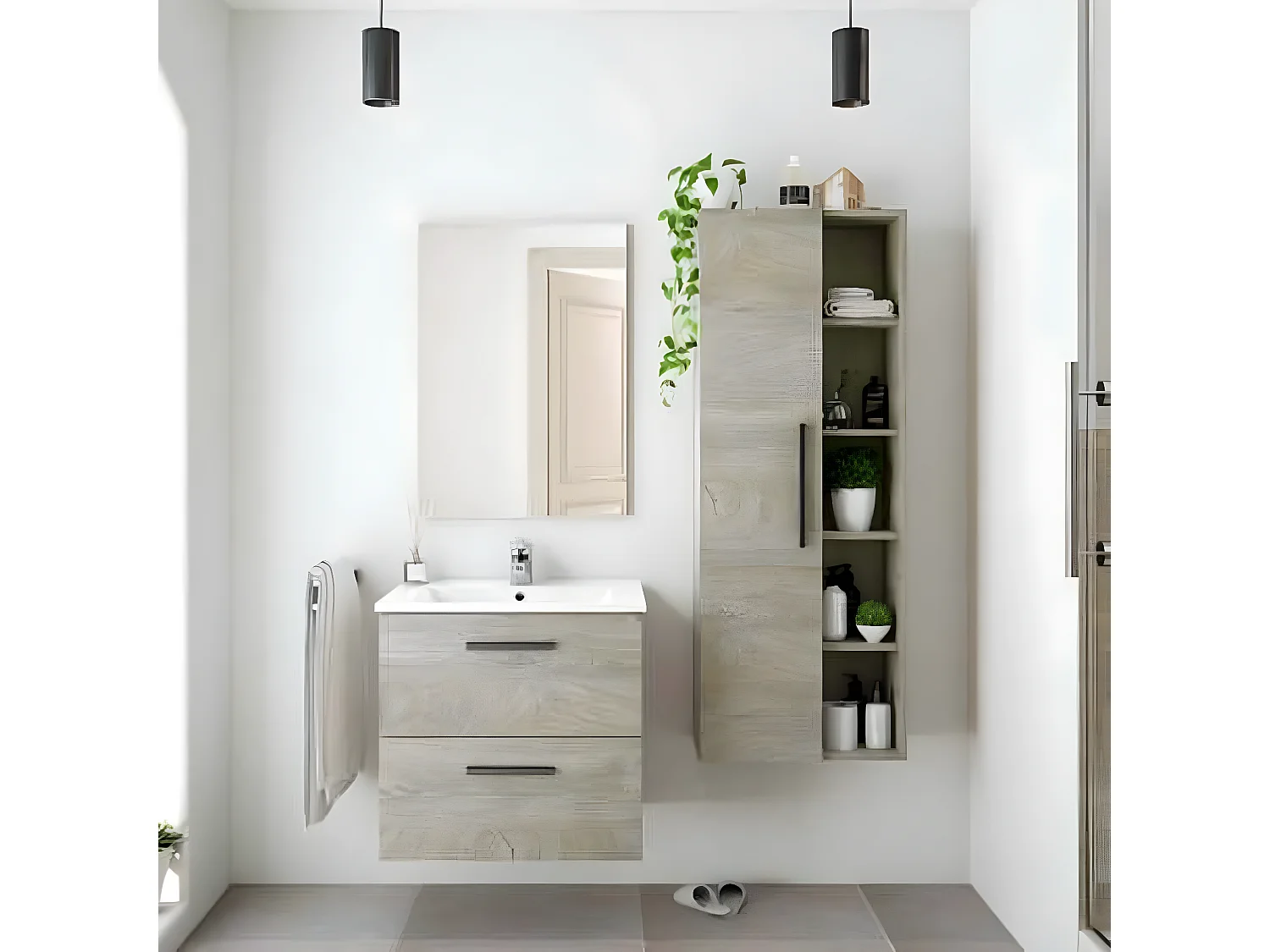 Meuble sous vasque de salle de bain Suspendu 60 cm avec 2 tiroirs + Miroir - Hauteur 57 x Longueur 60 x Profondeur 45 cm