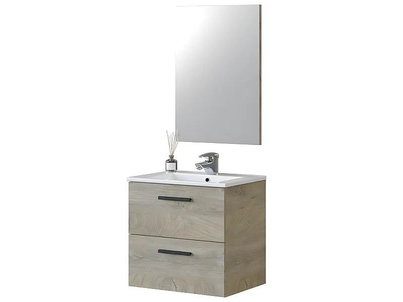 Meuble sous vasque de salle de bain Suspendu 60 cm avec 2 tiroirs + Miroir - Hauteur 57 x Longueur 60 x Profondeur 45 cm