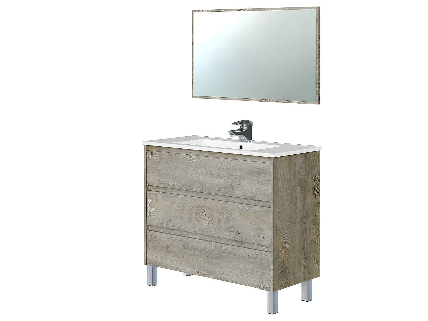 Meuble de salle de bain de 3 Tiroirs + Miroir coloris alaska chêne nordic -Longueur 100 cm x Hauteur 86 cm x Profondeur 45 cm