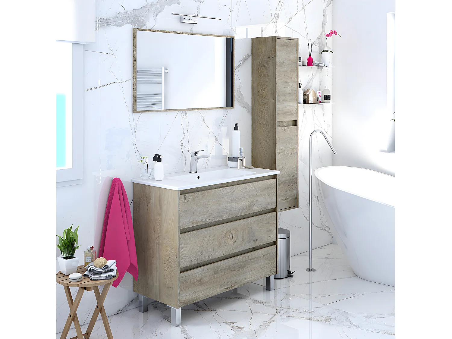 Meuble de salle de bain de 3 Tiroirs + Miroir coloris alaska chêne nordic -Longueur 100 cm x Hauteur 86 cm x Profondeur 45 cm