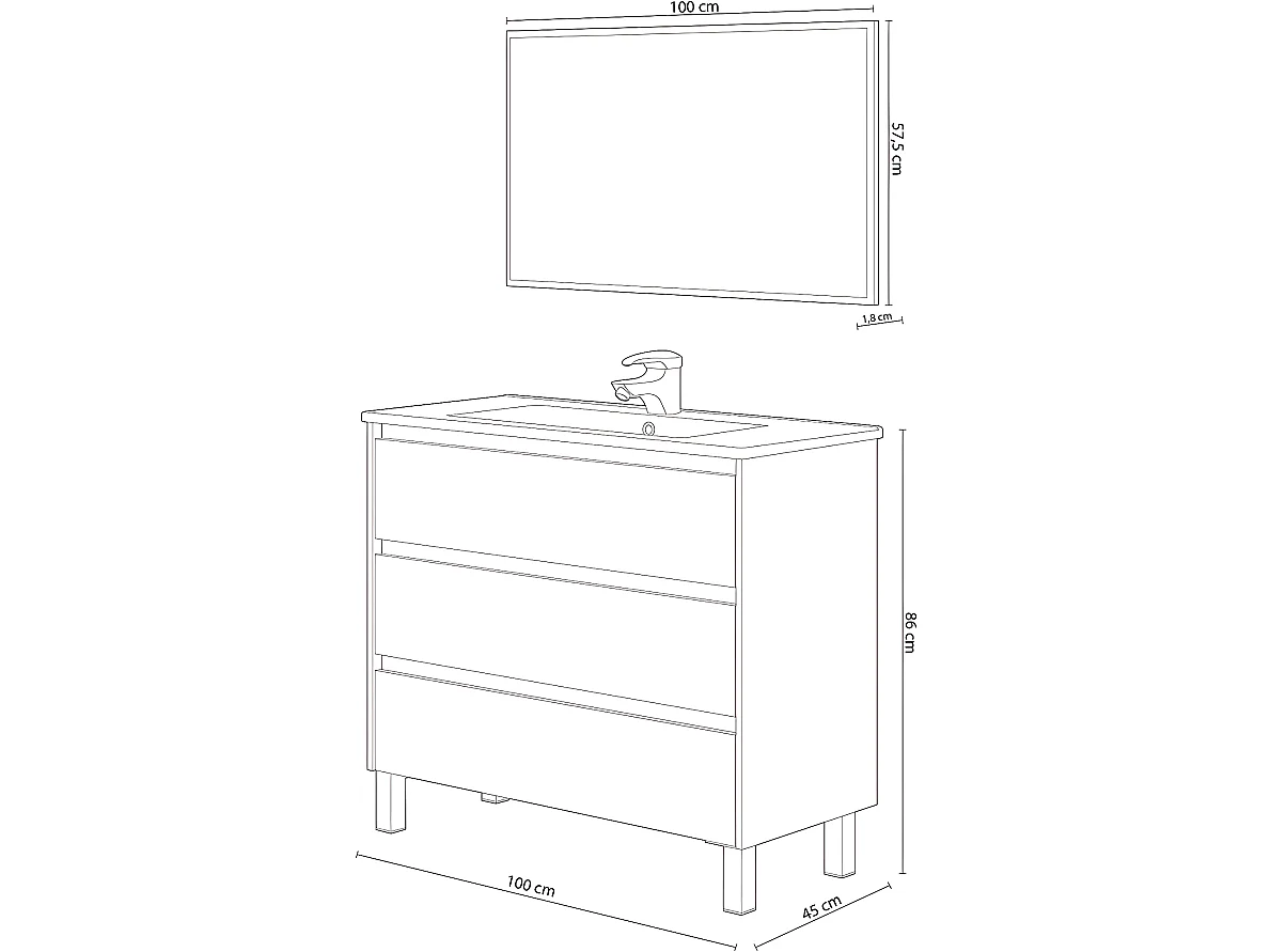 Meuble de salle de bain de 3 Tiroirs + Miroir coloris alaska chêne nordic -Longueur 100 cm x Hauteur 86 cm x Profondeur 45 cm