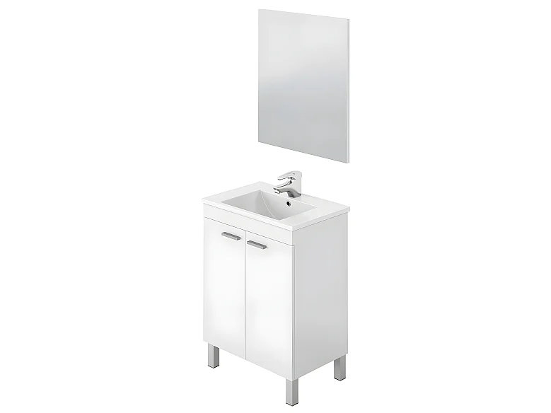 Meuble salle de bain Sous-vasque 60 cm avec 2 portes + Miroir coloris blanc brillant - H80 x Longueur 60 x Profondeur 45 cm